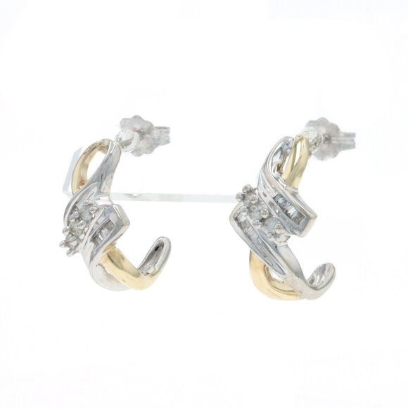 Yellow Gold Diamond Bypass J-Hook Earrings - 10k Round & Baguette .20ctw Pierced - Picture 2 of 4